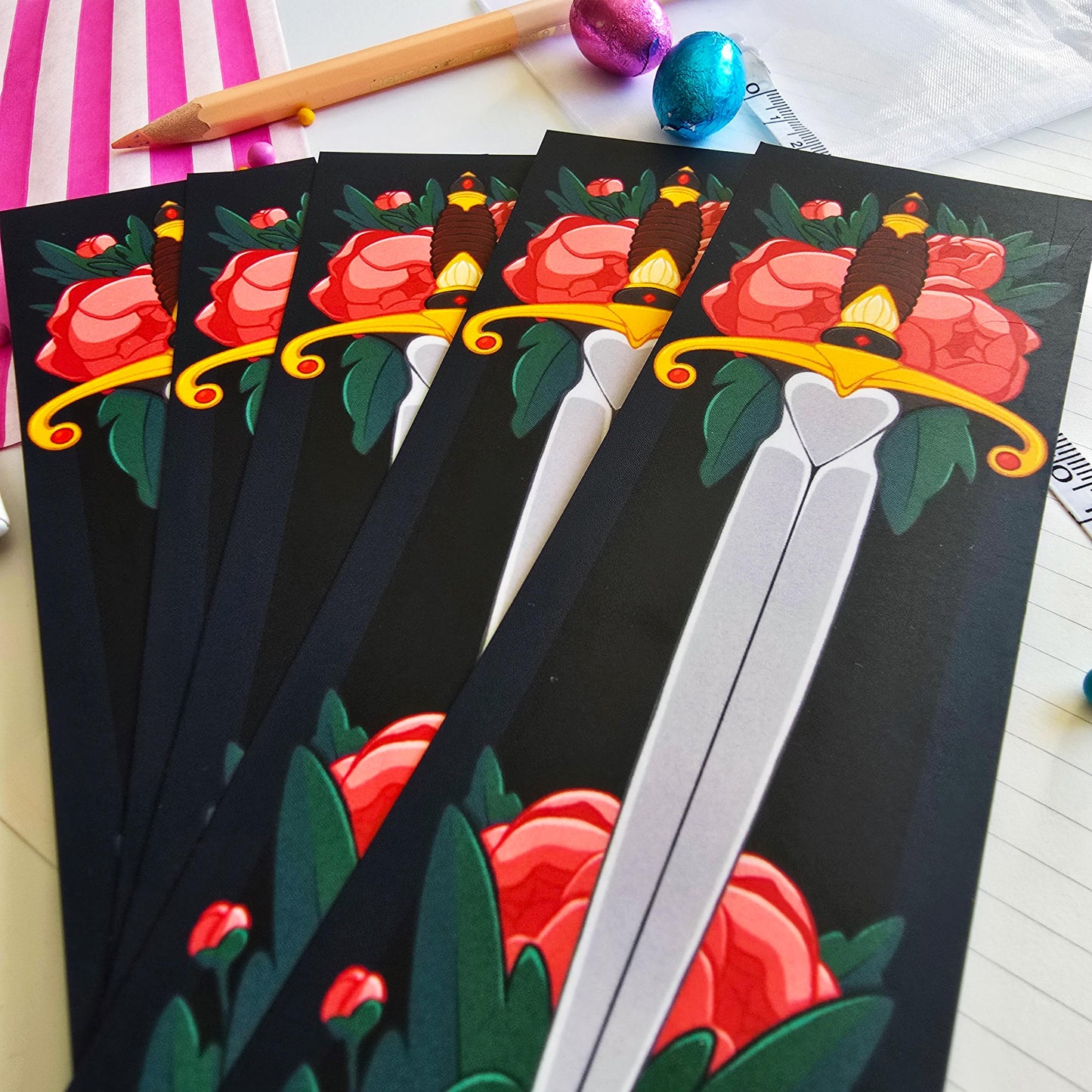 Fantasy Dagger & Flowers Bookmark