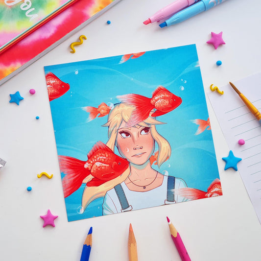 Odette and Goldfish Square Art Print
