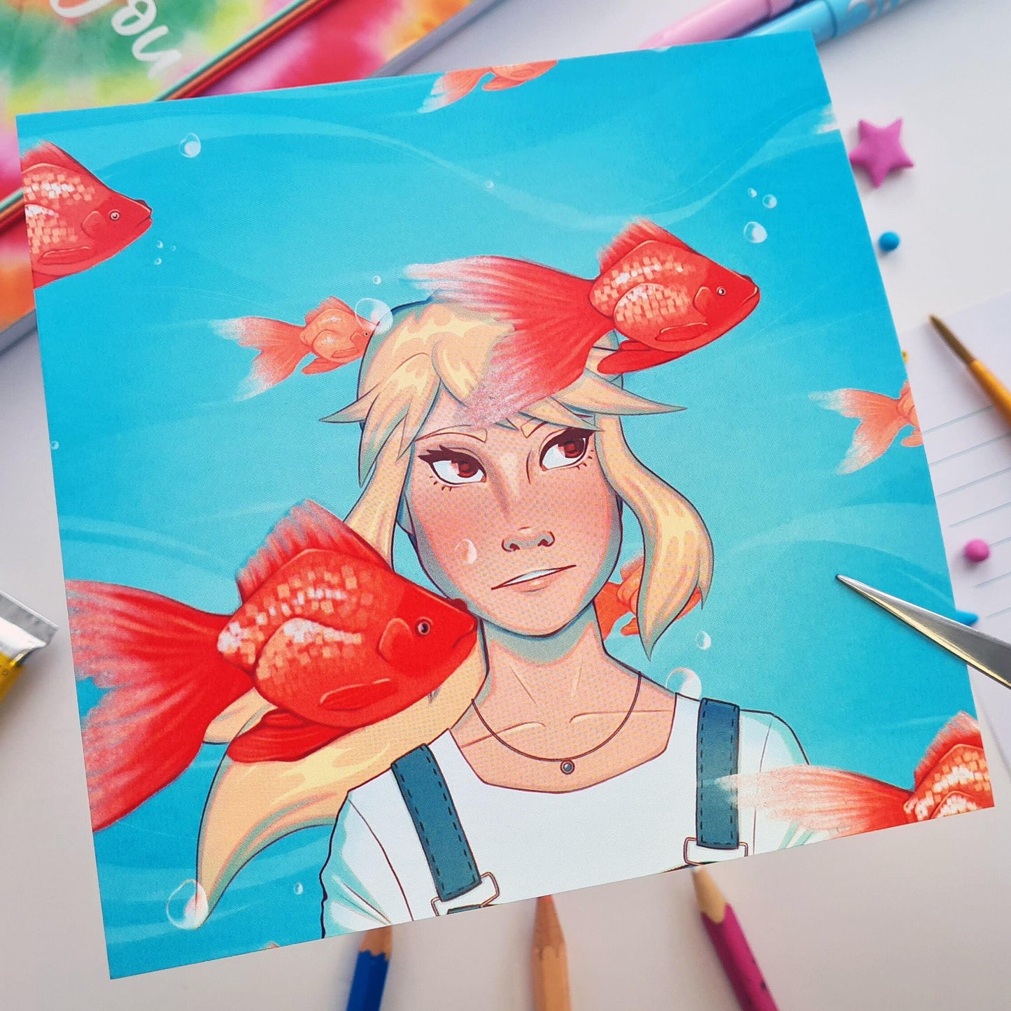 Odette and Goldfish Square Art Print